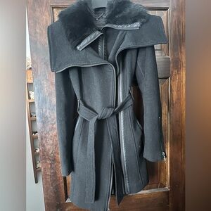 BCBG Maxazria Black Wool Cashmere Blend Fur Pea Coat